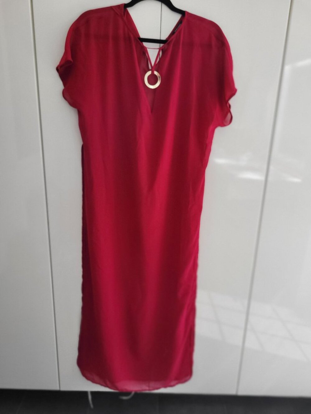 Marciano Sheer Red Dress/Tunic with Gold Detail, High Side Slits Size XS (or S)
